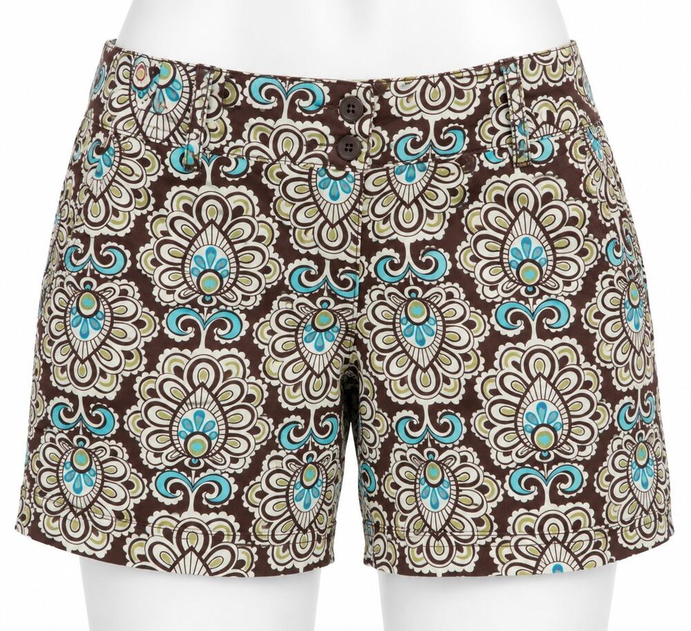 NY&CO Manhattan Chino Pants Womens Sz 4 Brown Blue Paisley Slim Straight Stretch